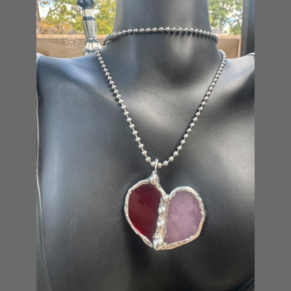 Handcrafted Stained Glass Heart Pendant Caged in Silver-Blend Boho Bezel 1.5” - Picture 7 of 8